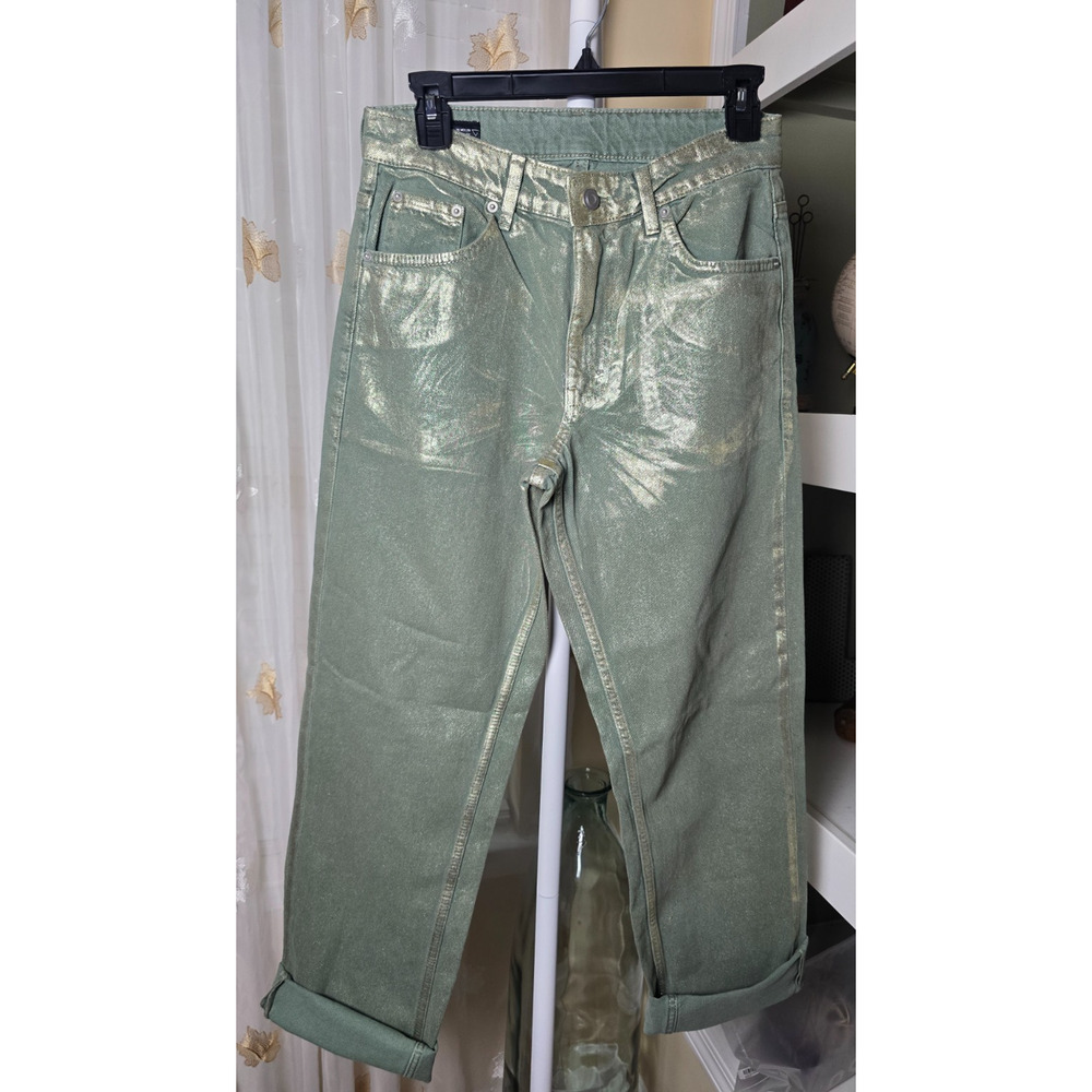 Zara Olive/Sage Green Metallic Straight-Leg Cuffed Women’s Jeans - Picture 3 of 12